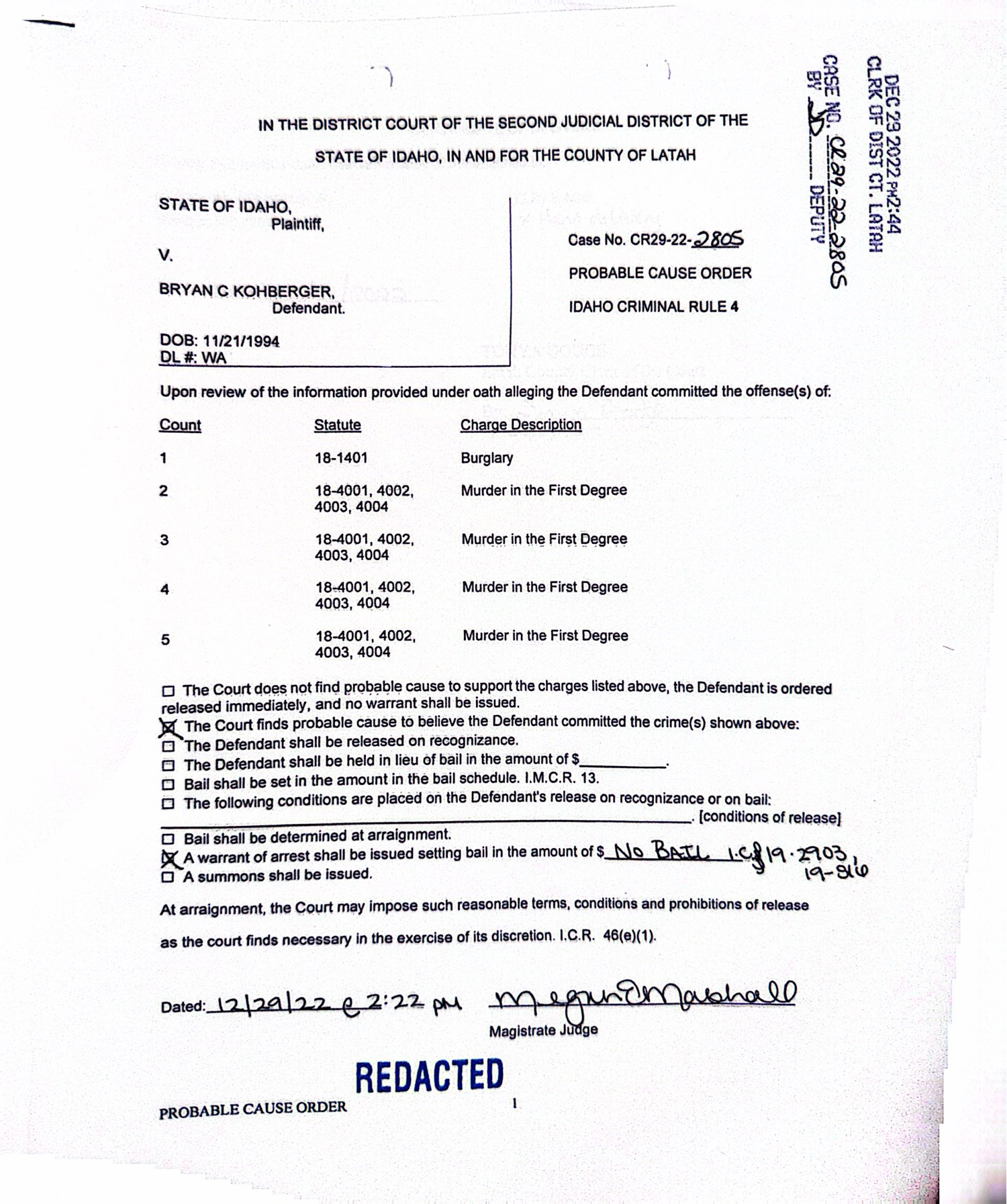 Latah County Probable Cause Order, Dec. 29, 2022, page 1, Magistrate Megan E. Marshall, no bail