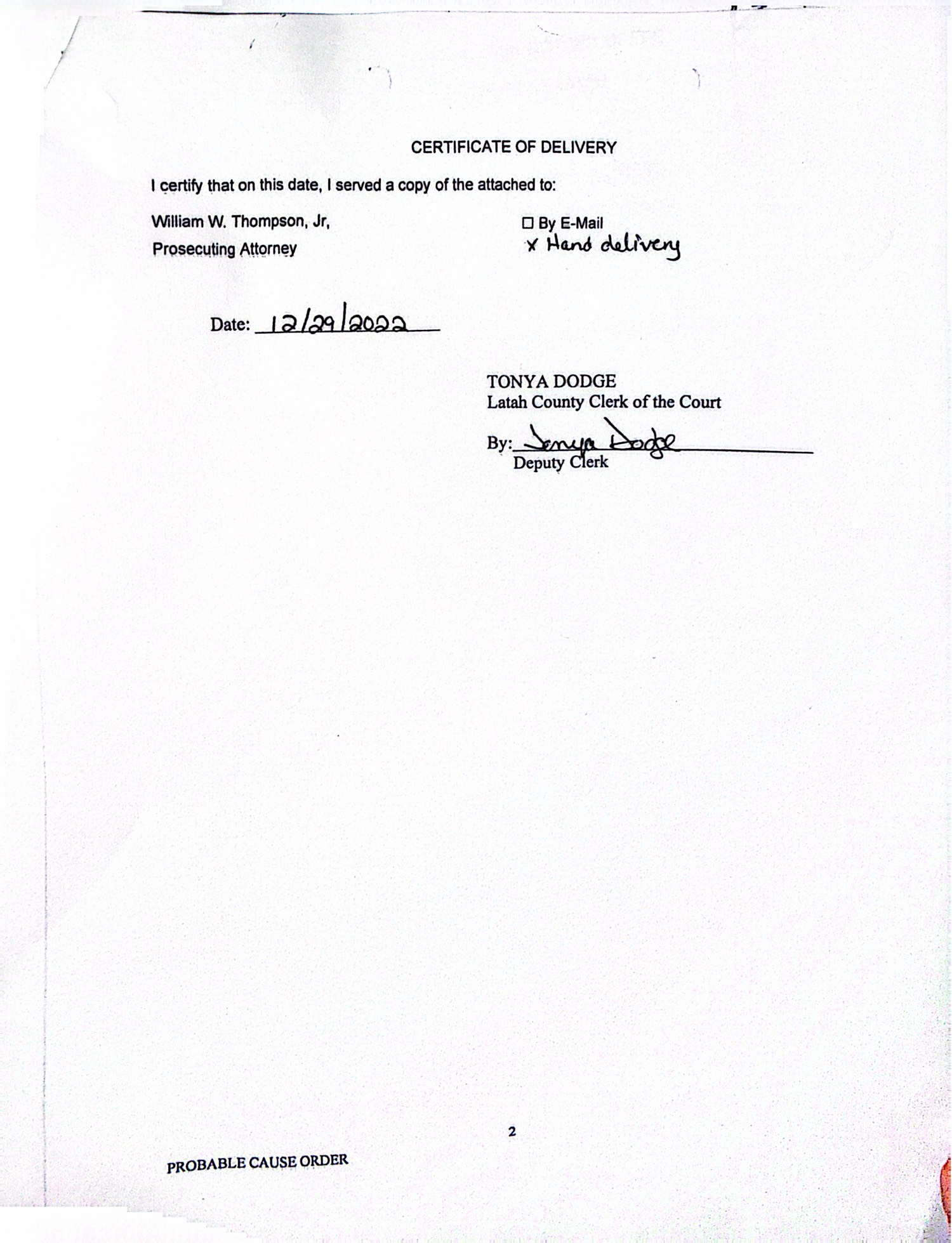 Certificate of delivery of the probable cause order to prosecutor Bill Thompson by hand, Dec. 29, 2022